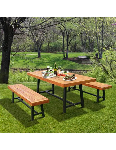 Outsunny Garden 3 Pieces Acacia Wood Picnic Table and 2 Benches Set Dining Trestle Beer Table Patio Outdoor Indoor Furniture