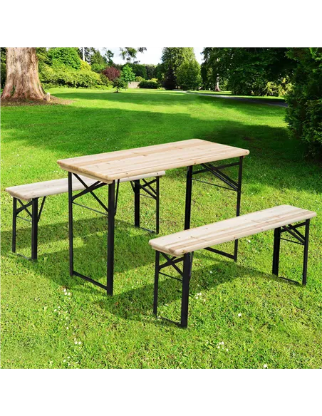 Outsunny Portable Folding Camping Picnic Table and Bench Set Garden BBQ Chairs Stools Trestle Wooden Wood (120cm(L) x 25cm(W) x 