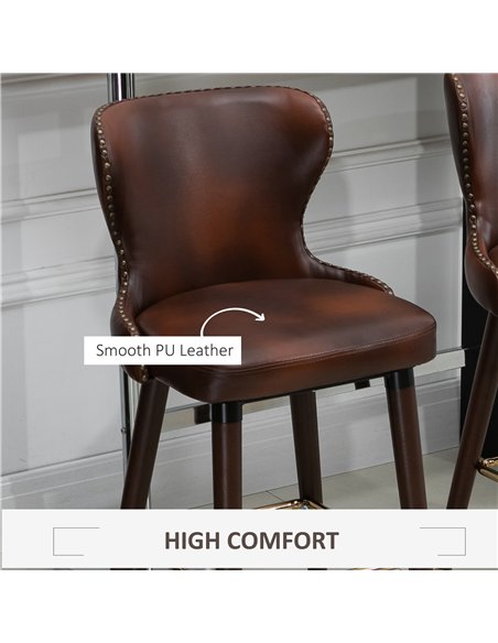 HOMCOM Bar Stools Set of 2, PU Leather Vintage Counter-Height Bar Chair, Luxury European Style Kitchen Stools with Back, Brown