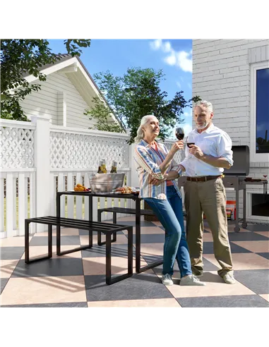 Outsunny 3 Pieces Picnic Bench Set with Table and 2 Benches, Slated Design Dining Trestle Beer Table and Seat, Black