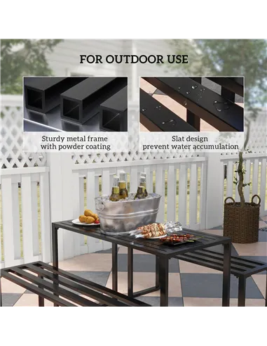 Outsunny 3 Pieces Picnic Bench Set with Table and 2 Benches, Slated Design Dining Trestle Beer Table and Seat, Black