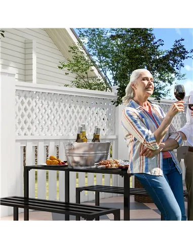 Outsunny 3 Pieces Picnic Bench Set with Table and 2 Benches, Slated Design Dining Trestle Beer Table and Seat, Black