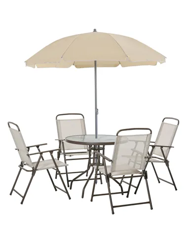 Outsunny Garden Patio Texteline Folding Chairs Plus Table and Parasol Furniture Bistro Set 6 Pieces - Coffee/Cream