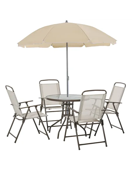 Outsunny Garden Patio Texteline Folding Chairs Plus Table and Parasol Furniture Bistro Set 6 Pieces - Coffee/Cream