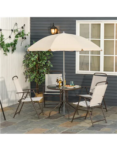 Outsunny Garden Patio Texteline Folding Chairs Plus Table and Parasol Furniture Bistro Set 6 Pieces - Coffee/Cream