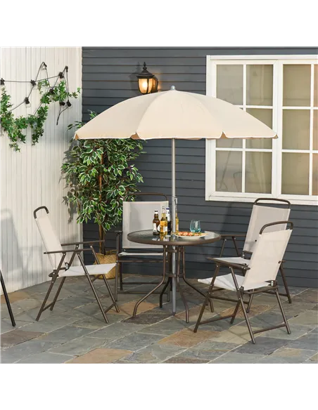 Outsunny Garden Patio Texteline Folding Chairs Plus Table and Parasol Furniture Bistro Set 6 Pieces - Coffee/Cream