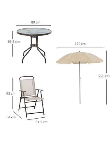 Outsunny Garden Patio Texteline Folding Chairs Plus Table and Parasol Furniture Bistro Set 6 Pieces - Coffee/Cream