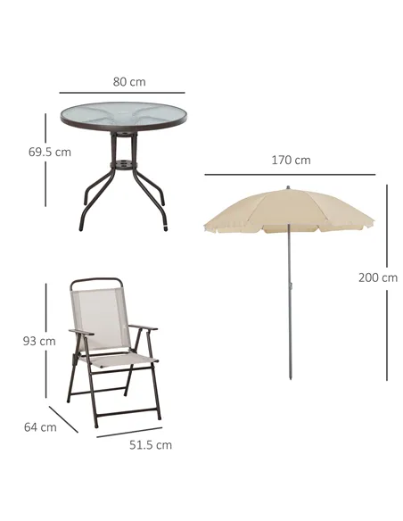Outsunny Garden Patio Texteline Folding Chairs Plus Table and Parasol Furniture Bistro Set 6 Pieces - Coffee/Cream