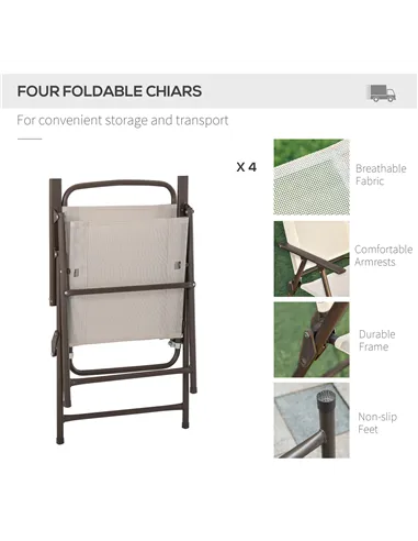 Outsunny Garden Patio Texteline Folding Chairs Plus Table and Parasol Furniture Bistro Set 6 Pieces - Coffee/Cream