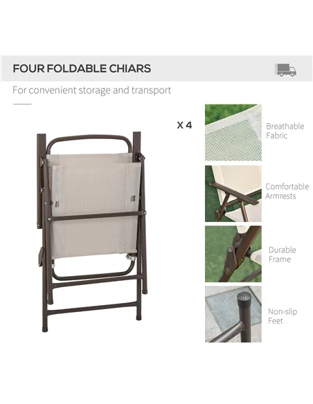 Outsunny Garden Patio Texteline Folding Chairs Plus Table and Parasol Furniture Bistro Set 6 Pieces - Coffee/Cream