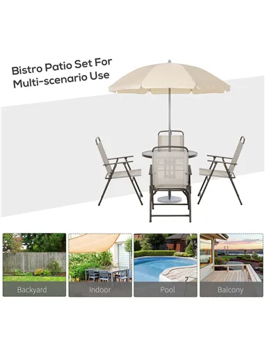 Outsunny Garden Patio Texteline Folding Chairs Plus Table and Parasol Furniture Bistro Set 6 Pieces - Coffee/Cream