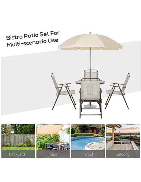 Outsunny Garden Patio Texteline Folding Chairs Plus Table and Parasol Furniture Bistro Set 6 Pieces - Coffee/Cream