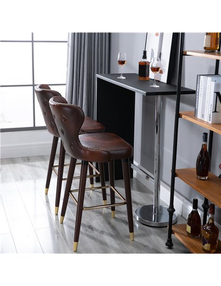 HOMCOM Bar Stools Set of 2, PU Leather Vintage Counter-Height Bar Chair, Luxury European Style Kitchen Stools with Back, Brown
