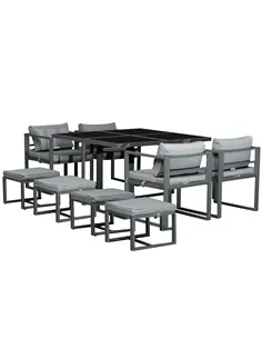 Outsunny 9PCs Patio Aluminium Dining Set, Space Saving Cube Set with 4 Chairs, 4 Ottoman, Cushions, 8 Seater Garden Furniture