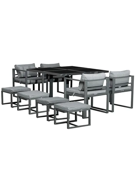 Outsunny 9PCs Patio Aluminium Dining Set, Space Saving Cube Set with 4 Chairs, 4 Ottoman, Cushions, 8 Seater Garden Furniture