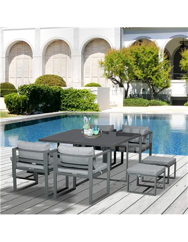Outsunny 9PCs Patio Aluminium Dining Set, Space Saving Cube Set with 4 Chairs, 4 Ottoman, Cushions, 8 Seater Garden Furniture