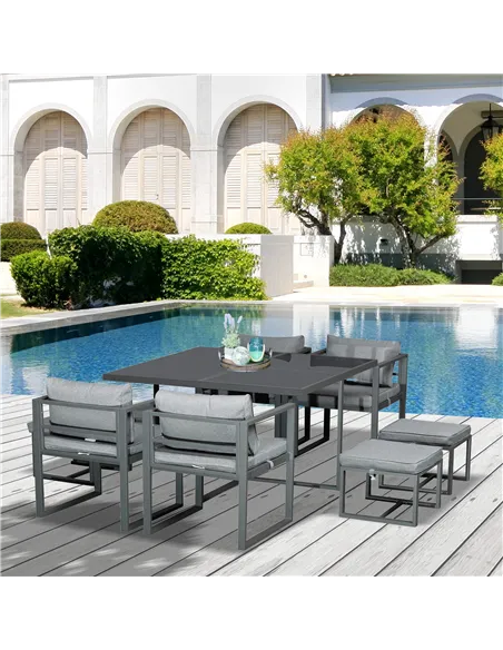Outsunny 9PCs Patio Aluminium Dining Set, Space Saving Cube Set with 4 Chairs, 4 Ottoman, Cushions, 8 Seater Garden Furniture