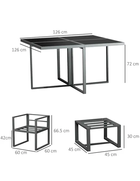 Outsunny 9PCs Patio Aluminium Dining Set, Space Saving Cube Set with 4 Chairs, 4 Ottoman, Cushions, 8 Seater Garden Furniture