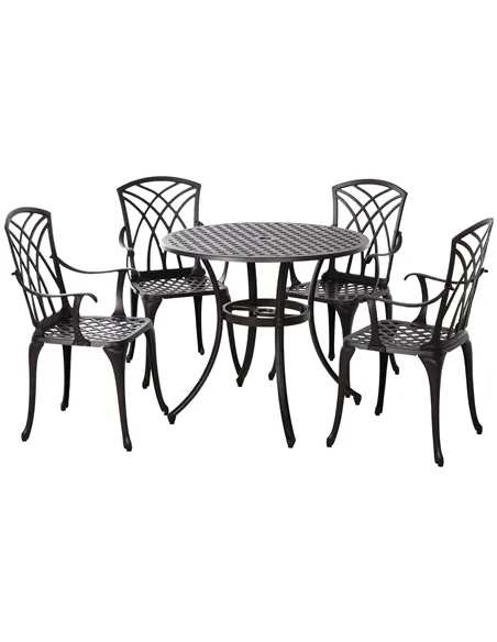 Outsunny 5 Pieces Garden Dining Set for 4, Cast Aluminium Outdoor Dining Set with 4 Armchairs and Round Dining Table with Paraso
