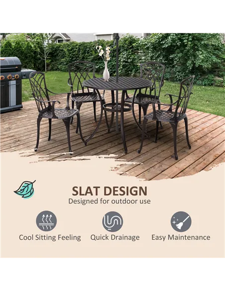 Outsunny 5 Pieces Garden Dining Set for 4, Cast Aluminium Outdoor Dining Set with 4 Armchairs and Round Dining Table with Paraso