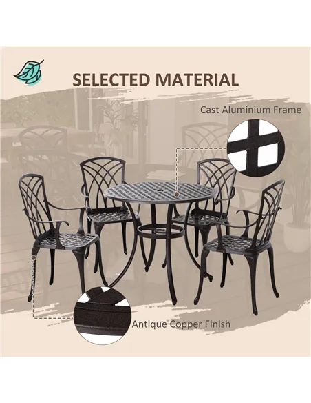 Outsunny 5 Pieces Garden Dining Set for 4, Cast Aluminium Outdoor Dining Set with 4 Armchairs and Round Dining Table with Paraso