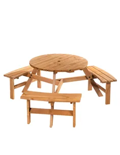 Outsunny 6 Seater Wooden Picnic Table and Garden Benches Set, Round Garden Dining Set with 3 Benches and Umbrella Hole Outdoor G