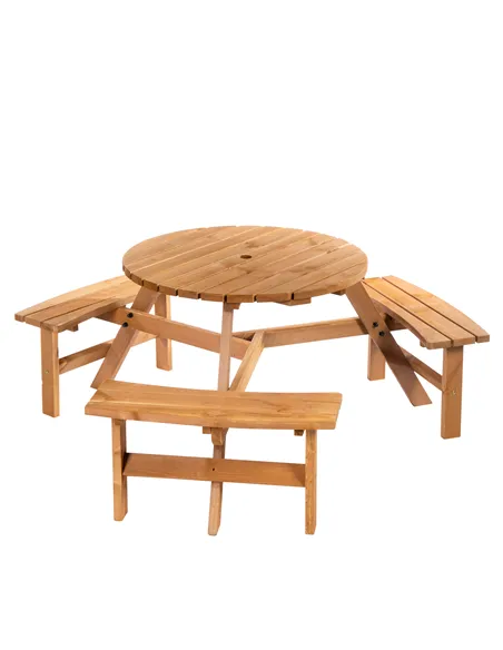 Outsunny 6 Seater Wooden Picnic Table and Garden Benches Set, Round Garden Dining Set with 3 Benches and Umbrella Hole Outdoor G
