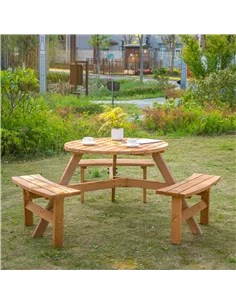 Outsunny 6 Seater Wooden Picnic Table and Garden Benches Set, Round Garden Dining Set with 3 Benches and Umbrella Hole Outdoor G 2