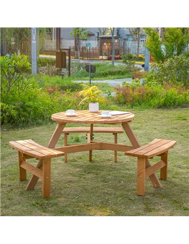 Outsunny 6 Seater Wooden Picnic Table and Garden Benches Set, Round Garden Dining Set with 3 Benches and Umbrella Hole Outdoor G