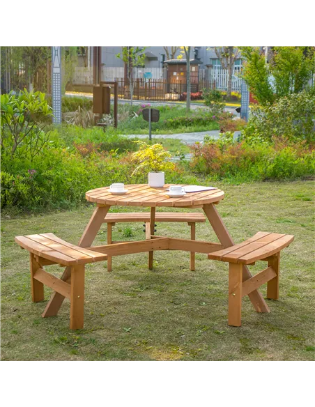 Outsunny 6 Seater Wooden Picnic Table and Garden Benches Set, Round Garden Dining Set with 3 Benches and Umbrella Hole Outdoor G