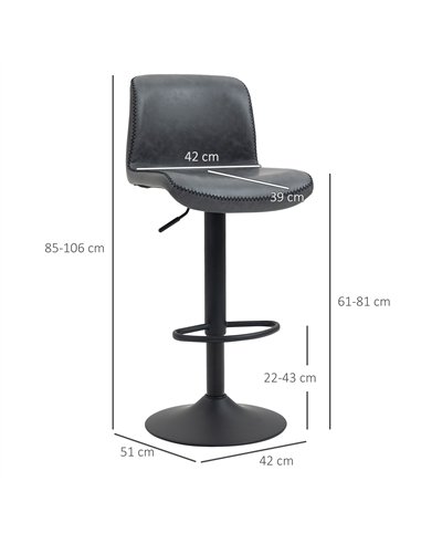 HOMCOM Set of 2 Bar Stool, Adjustable Height PU Leather Barstools with Swivel Seat and Footrest for Breakfast Bar, Kitchen and H