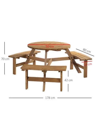 Outsunny 6 Seater Wooden Picnic Table and Garden Benches Set, Round Garden Dining Set with 3 Benches and Umbrella Hole Outdoor G