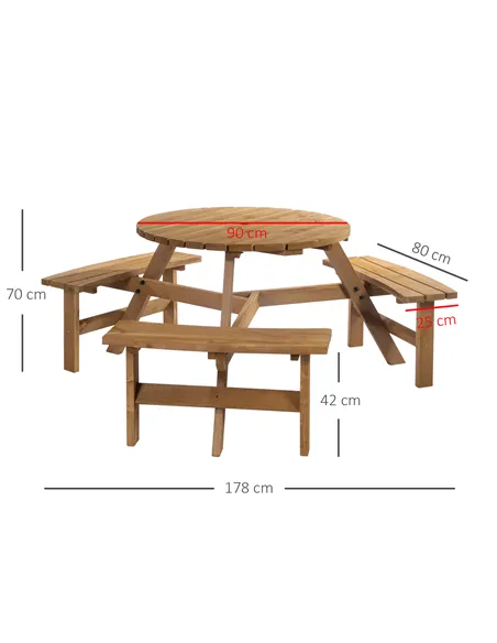 Outsunny 6 Seater Wooden Picnic Table and Garden Benches Set, Round Garden Dining Set with 3 Benches and Umbrella Hole Outdoor G
