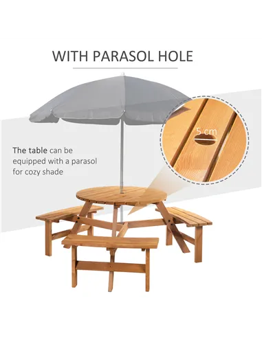 Outsunny 6 Seater Wooden Picnic Table and Garden Benches Set, Round Garden Dining Set with 3 Benches and Umbrella Hole Outdoor G