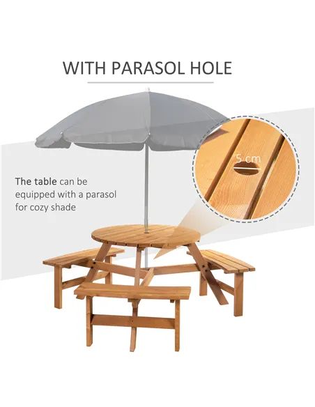 Outsunny 6 Seater Wooden Picnic Table and Garden Benches Set, Round Garden Dining Set with 3 Benches and Umbrella Hole Outdoor G