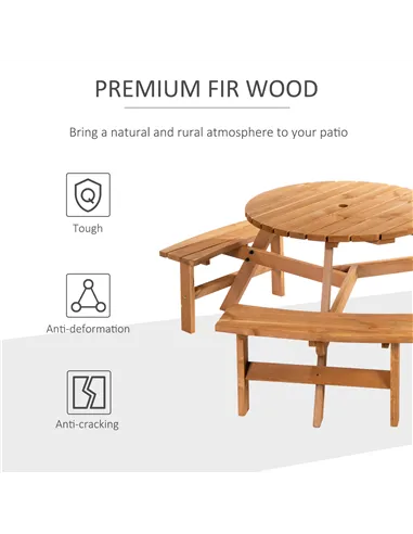 Outsunny 6 Seater Wooden Picnic Table and Garden Benches Set, Round Garden Dining Set with 3 Benches and Umbrella Hole Outdoor G