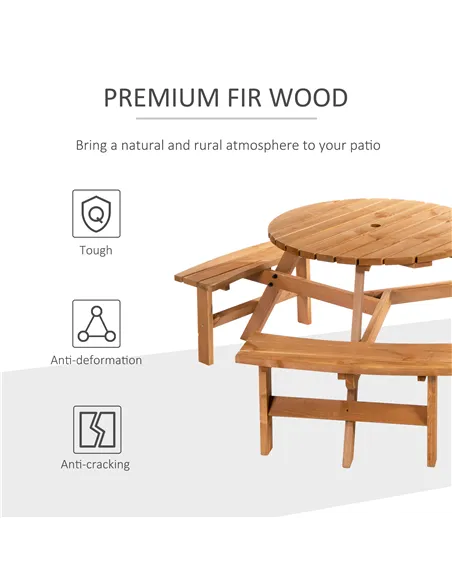 Outsunny 6 Seater Wooden Picnic Table and Garden Benches Set, Round Garden Dining Set with 3 Benches and Umbrella Hole Outdoor G