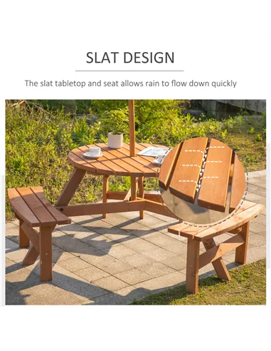 Outsunny 6 Seater Wooden Picnic Table and Garden Benches Set, Round Garden Dining Set with 3 Benches and Umbrella Hole Outdoor G