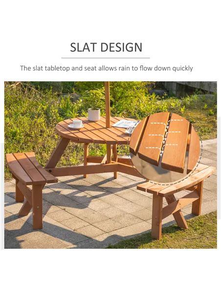 Outsunny 6 Seater Wooden Picnic Table and Garden Benches Set, Round Garden Dining Set with 3 Benches and Umbrella Hole Outdoor G