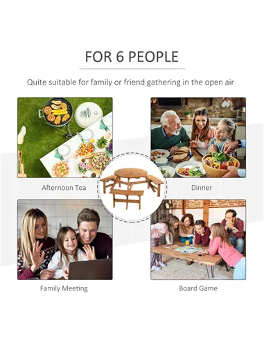 Outsunny 6 Seater Wooden Picnic Table and Garden Benches Set, Round Garden Dining Set with 3 Benches and Umbrella Hole Outdoor G
