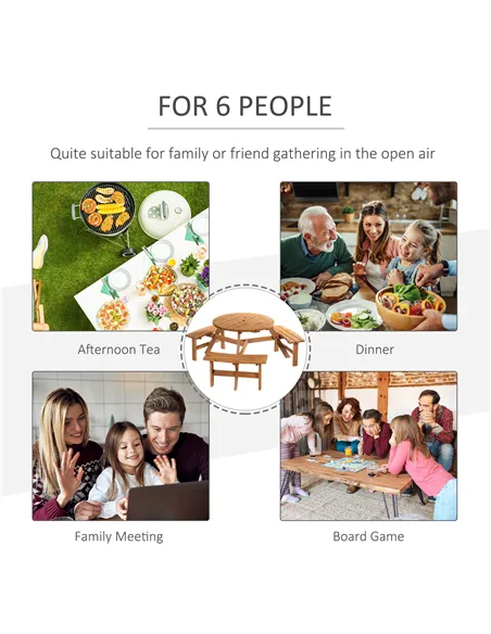 Outsunny 6 Seater Wooden Picnic Table and Garden Benches Set, Round Garden Dining Set with 3 Benches and Umbrella Hole Outdoor G