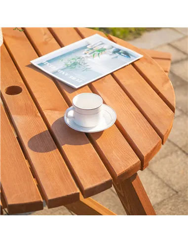 Outsunny 6 Seater Wooden Picnic Table and Garden Benches Set, Round Garden Dining Set with 3 Benches and Umbrella Hole Outdoor G