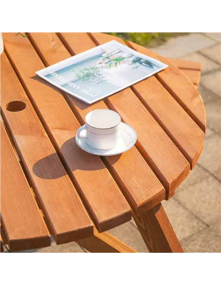 Outsunny 6 Seater Wooden Picnic Table and Garden Benches Set, Round Garden Dining Set with 3 Benches and Umbrella Hole Outdoor G