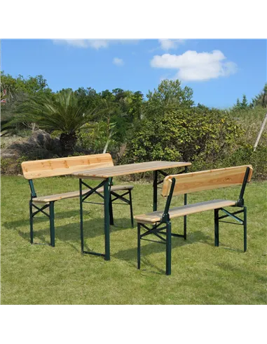 Outsunny Portable Folding Camping Picnic Trestle Beer Table and 2 Bench Set Wooden Garden Furniture Patio Dining Party BBQ Chair