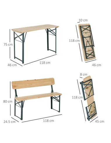 Outsunny Portable Folding Camping Picnic Trestle Beer Table and 2 Bench Set Wooden Garden Furniture Patio Dining Party BBQ Chair