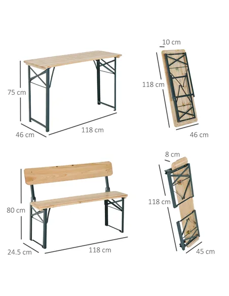 Outsunny Portable Folding Camping Picnic Trestle Beer Table and 2 Bench Set Wooden Garden Furniture Patio Dining Party BBQ Chair