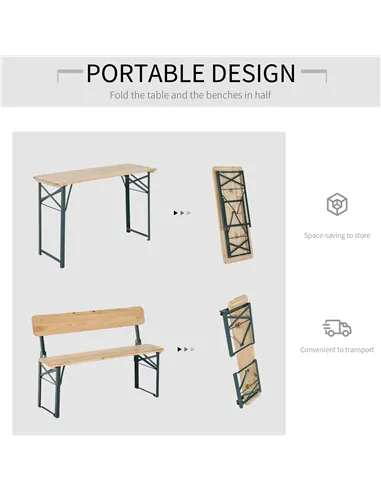 Outsunny Portable Folding Camping Picnic Trestle Beer Table and 2 Bench Set Wooden Garden Furniture Patio Dining Party BBQ Chair