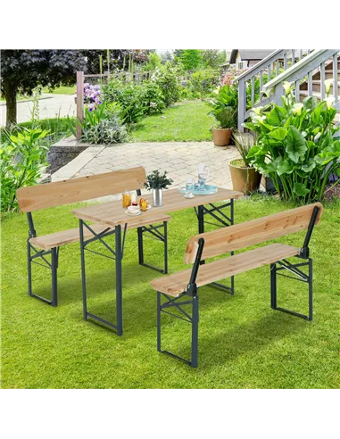 Outsunny Portable Folding Camping Picnic Trestle Beer Table and 2 Bench Set Wooden Garden Furniture Patio Dining Party BBQ Chair