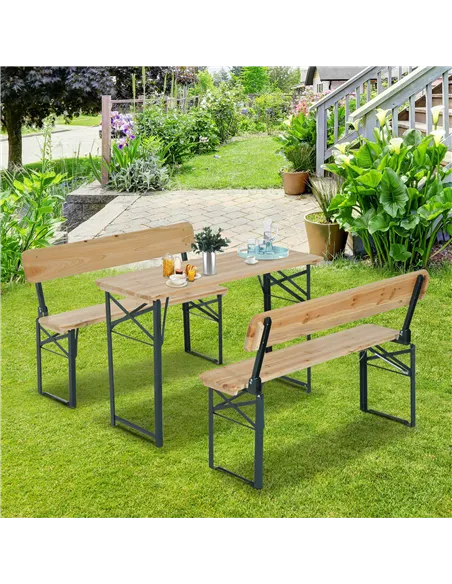 Outsunny Portable Folding Camping Picnic Trestle Beer Table and 2 Bench Set Wooden Garden Furniture Patio Dining Party BBQ Chair