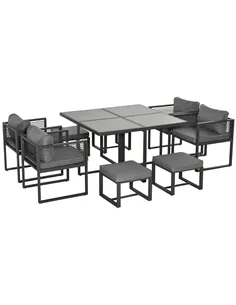 Outsunny Nine-Piece Aluminium Garden Set, with Glass-Top Table - Grey